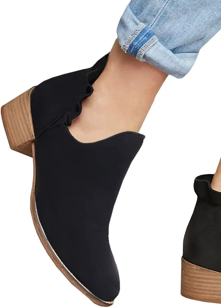 Fashare Womens Fall Cutout Booties Ankle Heels Low Stacked Ruffle Slip On Dress Short Boots Shoes