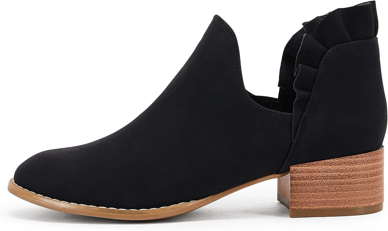 Fashare Womens Fall Cutout Booties Ankle Heels Low Stacked Ruffle Slip On Dress Short Boots Shoes