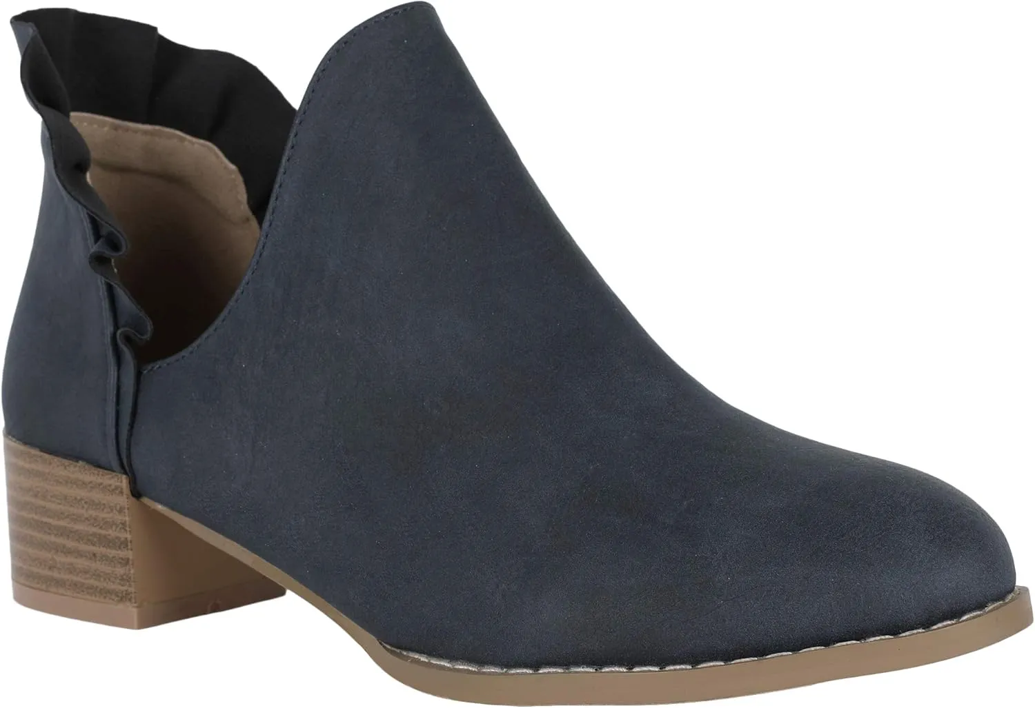 Fashare Womens Fall Cutout Booties Ankle Heels Low Stacked Ruffle Slip On Dress Short Boots Shoes