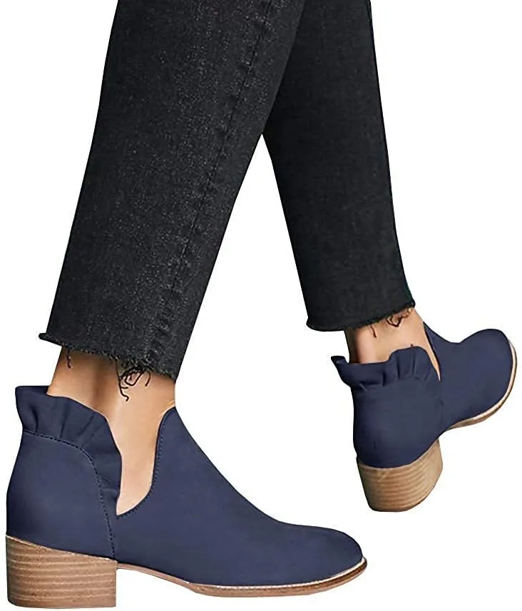 Fashare Womens Fall Cutout Booties Ankle Heels Low Stacked Ruffle Slip On Dress Short Boots Shoes