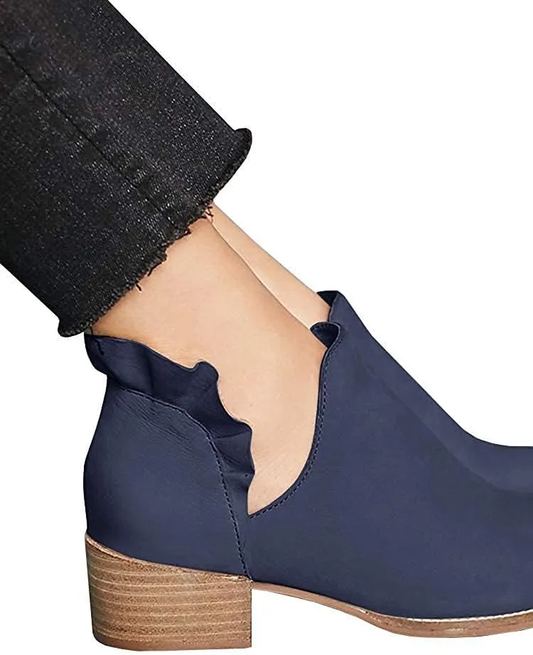 Fashare Womens Fall Cutout Booties Ankle Heels Low Stacked Ruffle Slip On Dress Short Boots Shoes