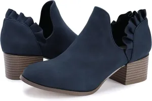Fashare Womens Fall Cutout Booties Ankle Heels Low Stacked Ruffle Slip On Dress Short Boots Shoes
