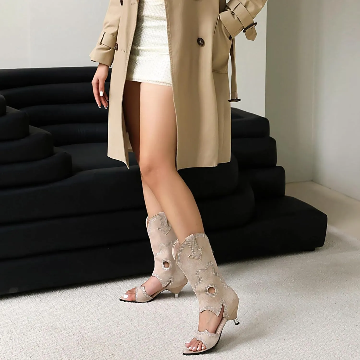 Fashion Faux Suede Crystal Summer Boots for Women Pointed Open Toe Embroider Sparkly Rhinestone Booties
