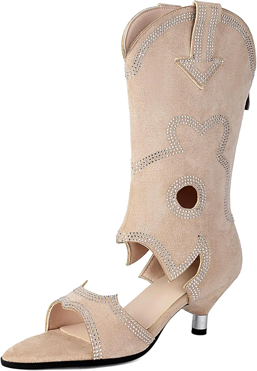 Fashion Faux Suede Crystal Summer Boots for Women Pointed Open Toe Embroider Sparkly Rhinestone Booties