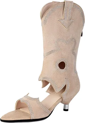 Fashion Faux Suede Crystal Summer Boots for Women Pointed Open Toe Embroider Sparkly Rhinestone Booties
