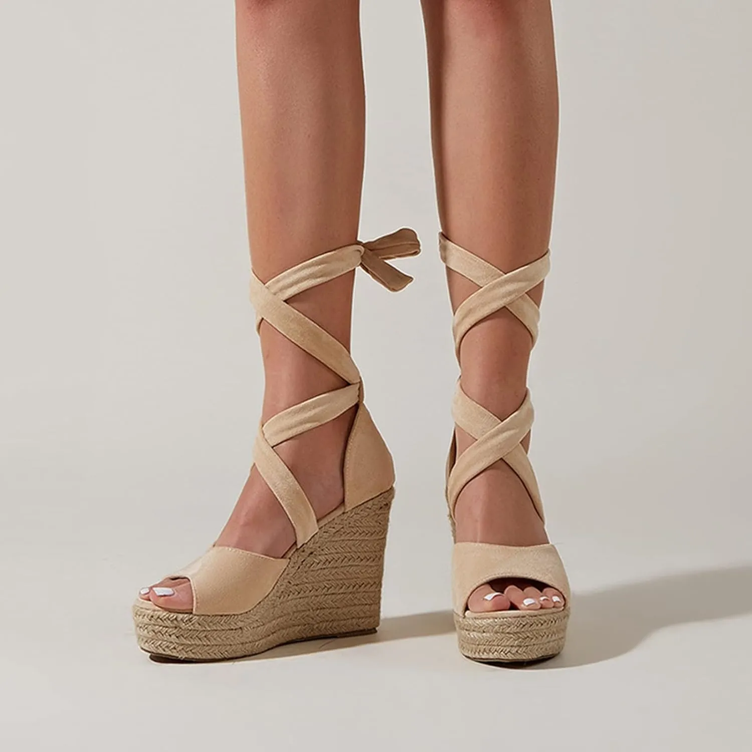 Fashion Woman Bandage Sandals, Women's Hemp Rope Platform & Wedge Sandals, Women Cross Straps Thick Bottom Sandals (Color : Apricot, Foot Length : 24.2cm)