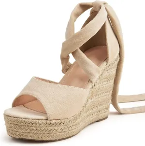 Fashion Woman Bandage Sandals, Women's Hemp Rope Platform & Wedge Sandals, Women Cross Straps Thick Bottom Sandals (Color : Apricot, Foot Length : 24.2cm)