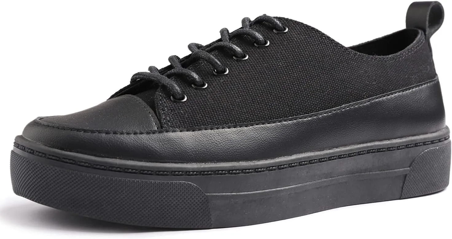FEVERSOLE Women's Canvas Vegan Leather Lightweight Platform Lace-Up Street Sneakers Black Canvas PU Platform Size 6.5 M US