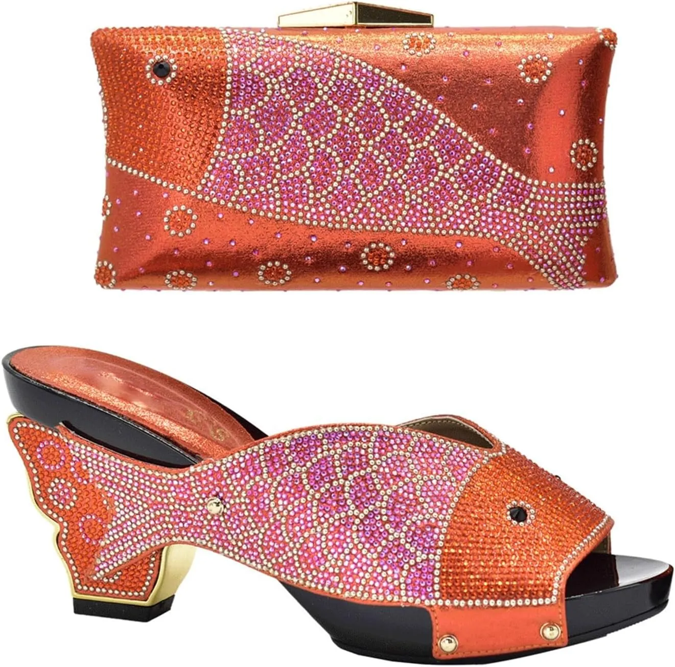 Fish mouth sandals slippers high heels with solid color rhinestone goldfish bag hold bag wear casual shoes