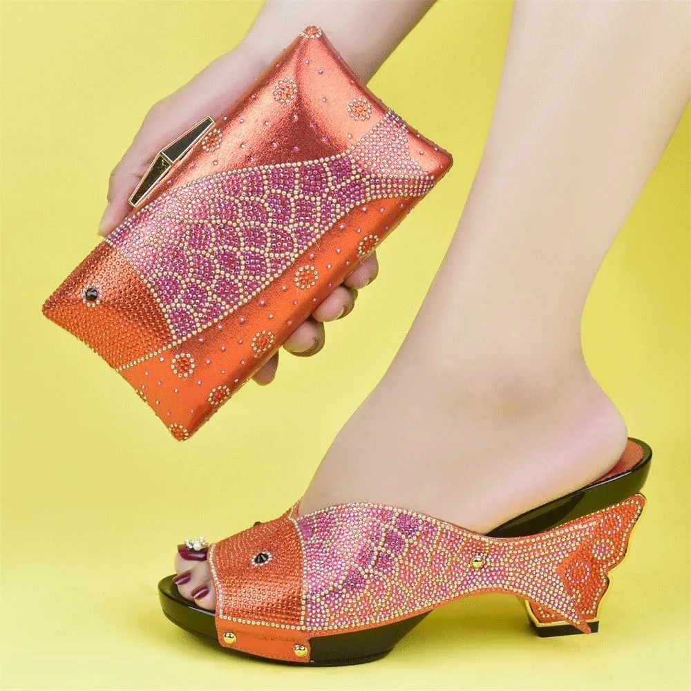 Fish mouth sandals slippers high heels with solid color rhinestone goldfish bag hold bag wear casual shoes