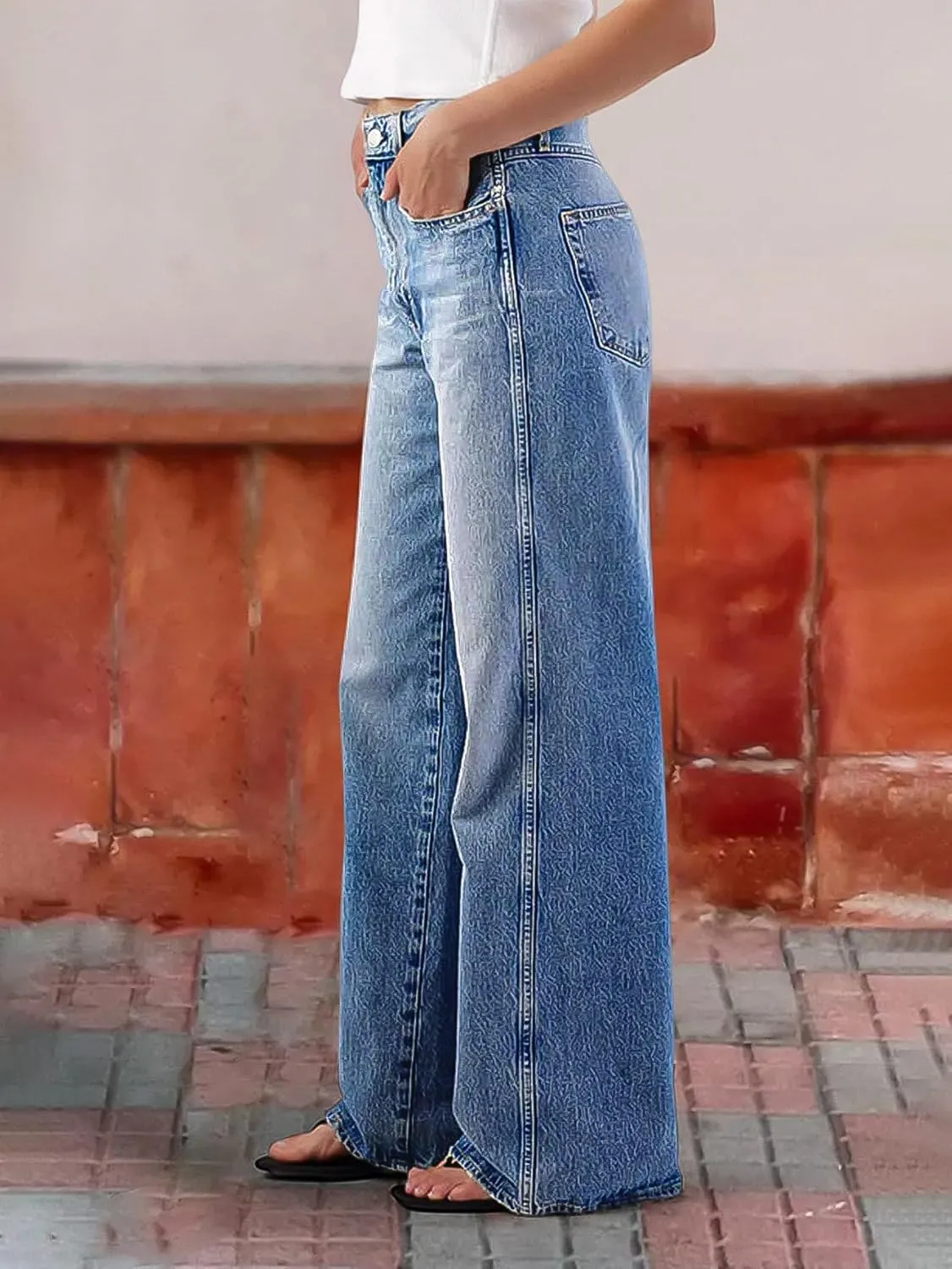Flamingals Wide Leg Jeans for Women Mid Waist Baggy Stitch Decor Denim Washed Pants Without Belt