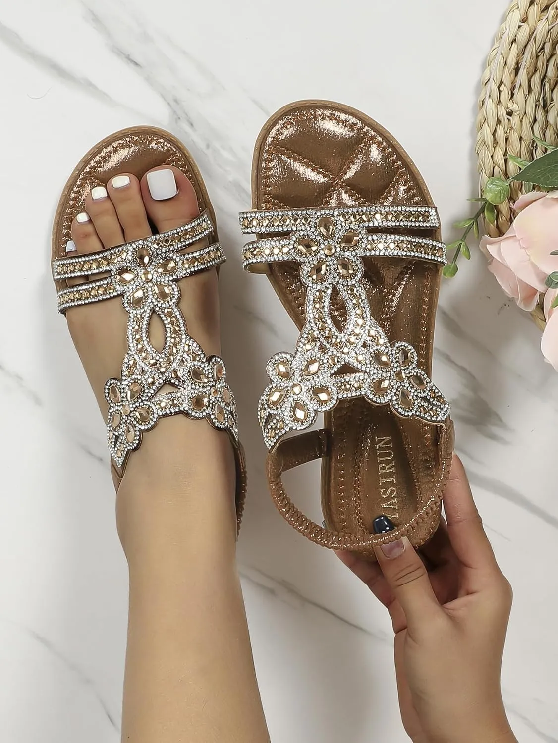 Flat Sandals With Rhinestones for Women, Women's Wide Width Sandals Comfort Walking with Non Slip on Casual Summer Beach Shoes Dress Ankle Elastic Strap Sparkling Jeweled Bohemian Flats