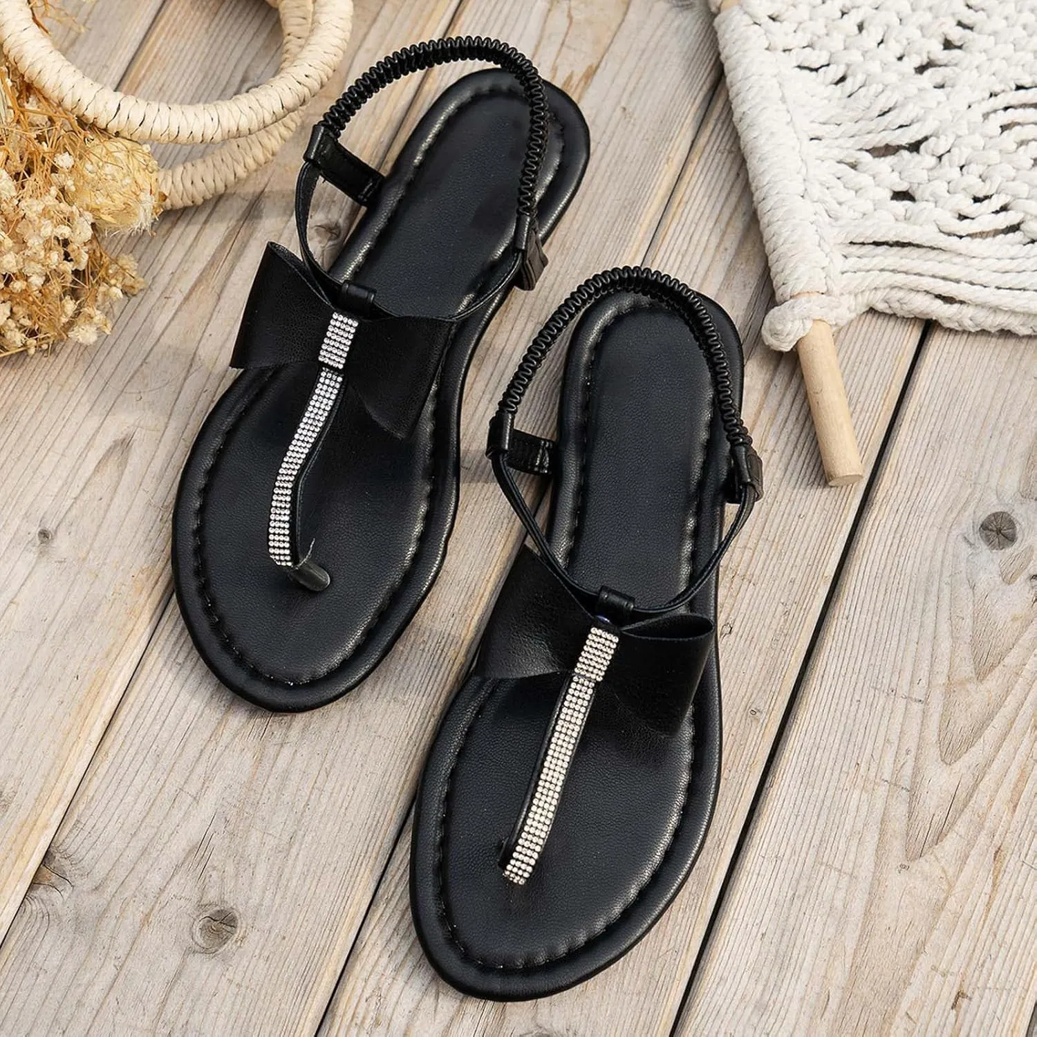 Flat Thong Sandals for Women, Comfortable Dressy T-Strap Dress Sandals with Adjustable Ankle Strap Summer Beach Flip Flops Leather Sandals Strappy Slides