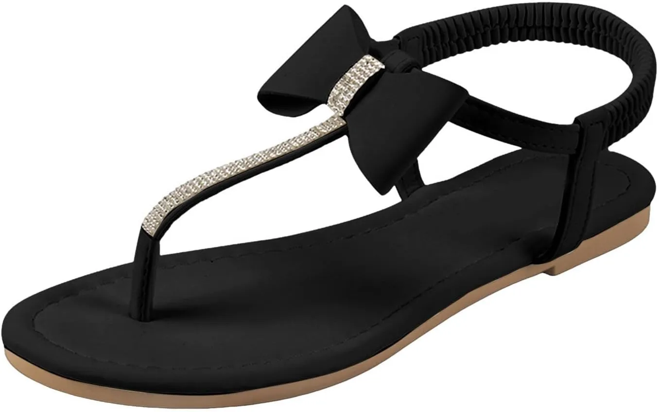 Flat Thong Sandals for Women, Comfortable Dressy T-Strap Dress Sandals with Adjustable Ankle Strap Summer Beach Flip Flops Leather Sandals Strappy Slides