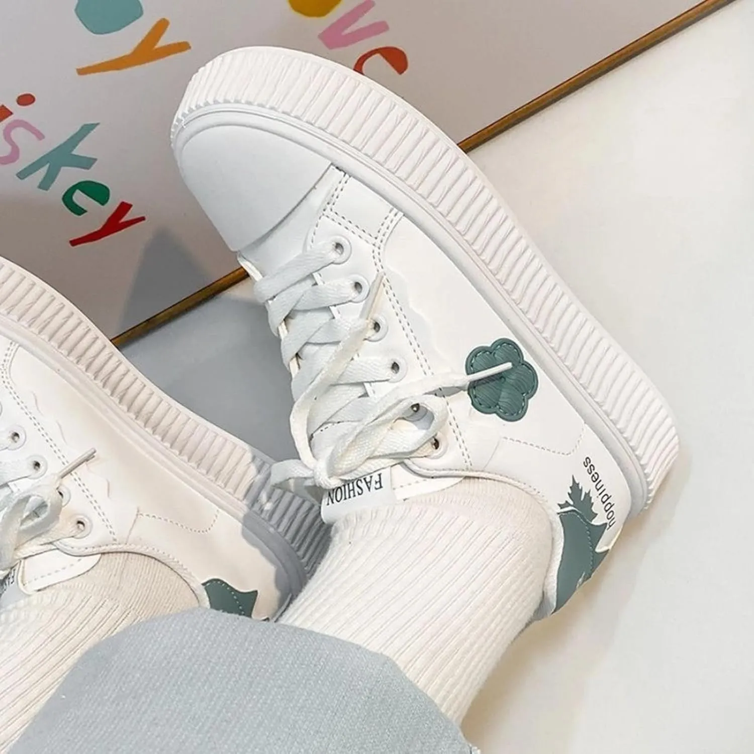 Floral Decor Platform Shoes Fashion Chunky Sneakers for Women Trendy Casual Aesthetic White Shoes Low Top
