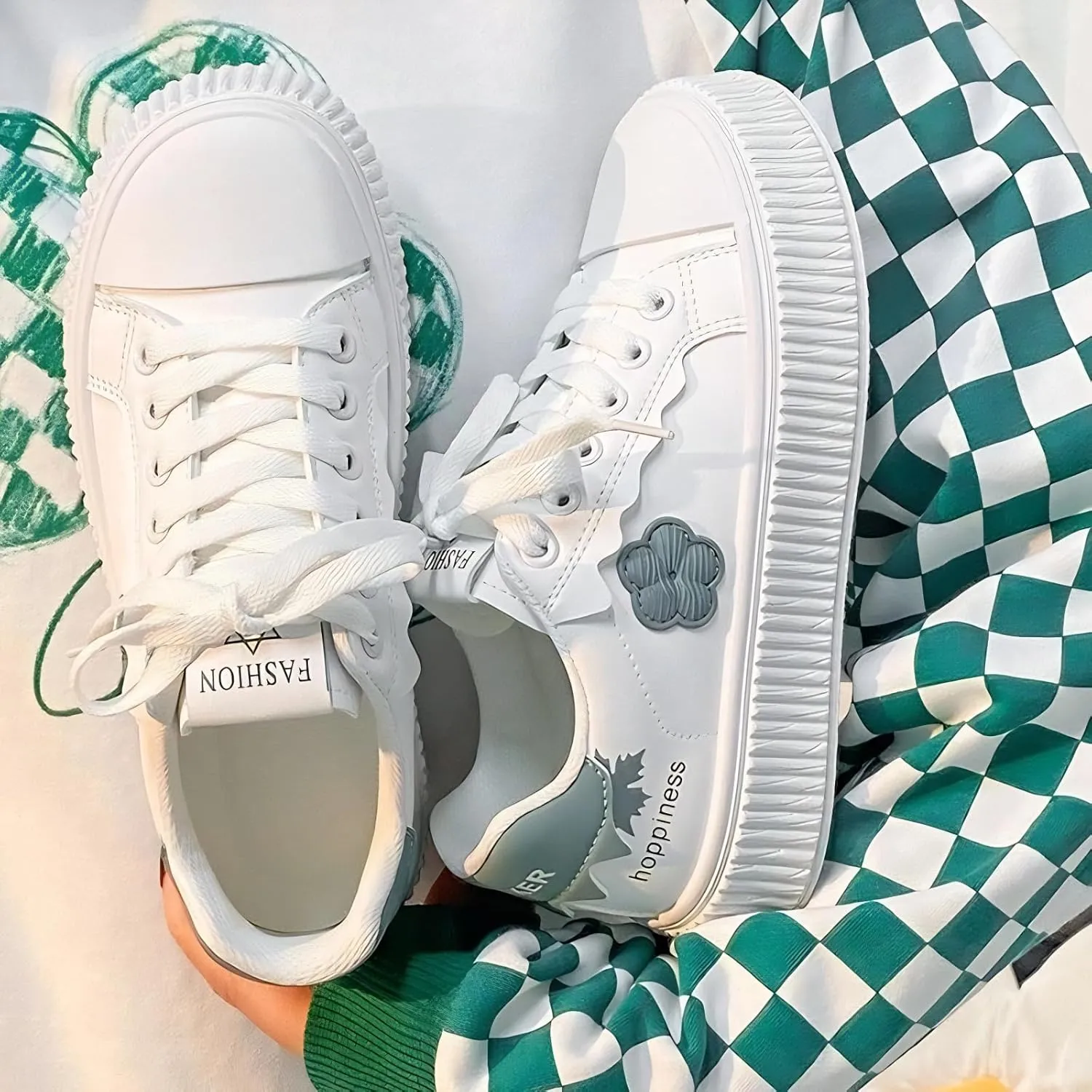 Floral Decor Platform Shoes Fashion Chunky Sneakers for Women Trendy Casual Aesthetic White Shoes Low Top