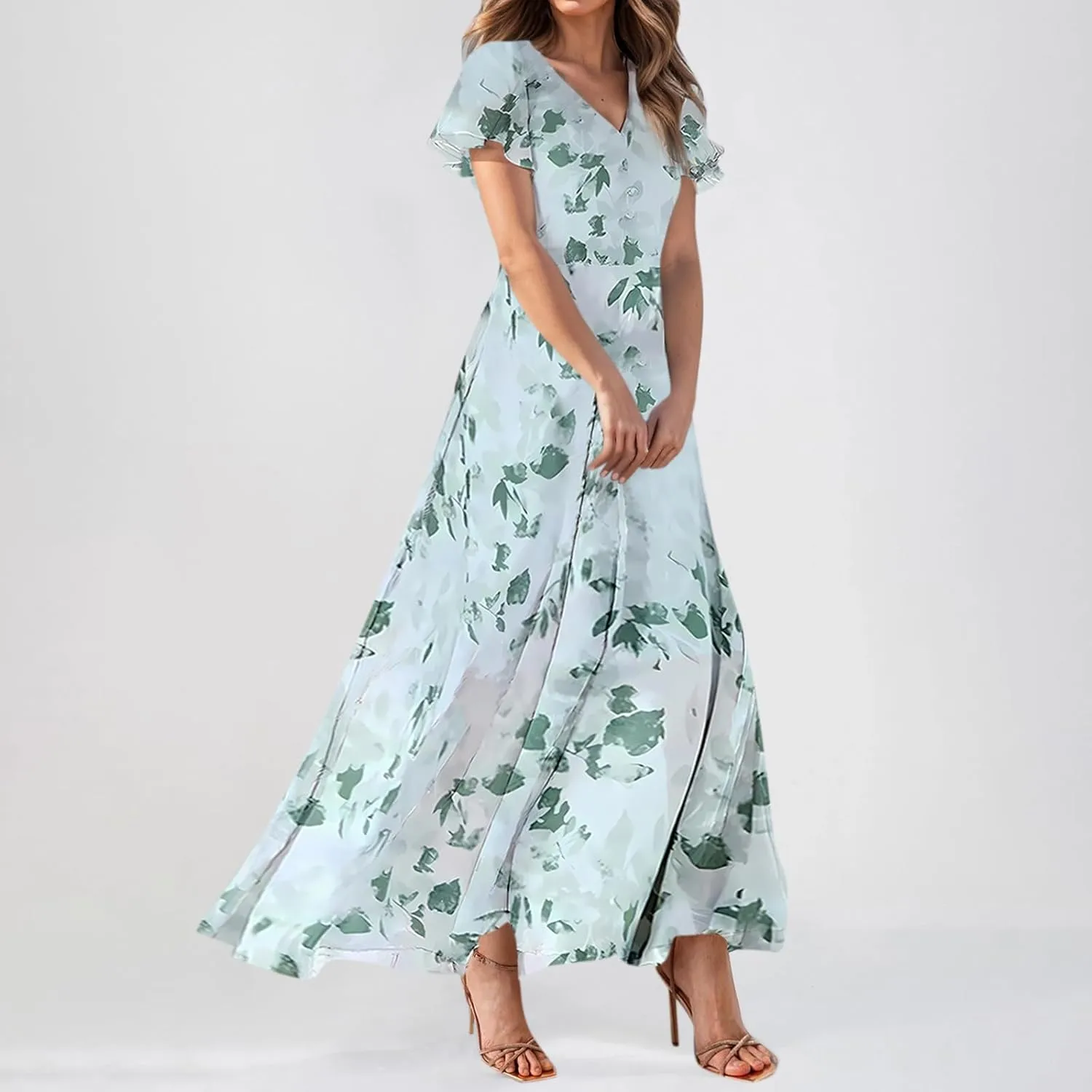 Floral Maxi Dresses for Women 2025 Summer Long Chiffon Elegant Flowy Dresses Spring Casual Wedding Guest Dress