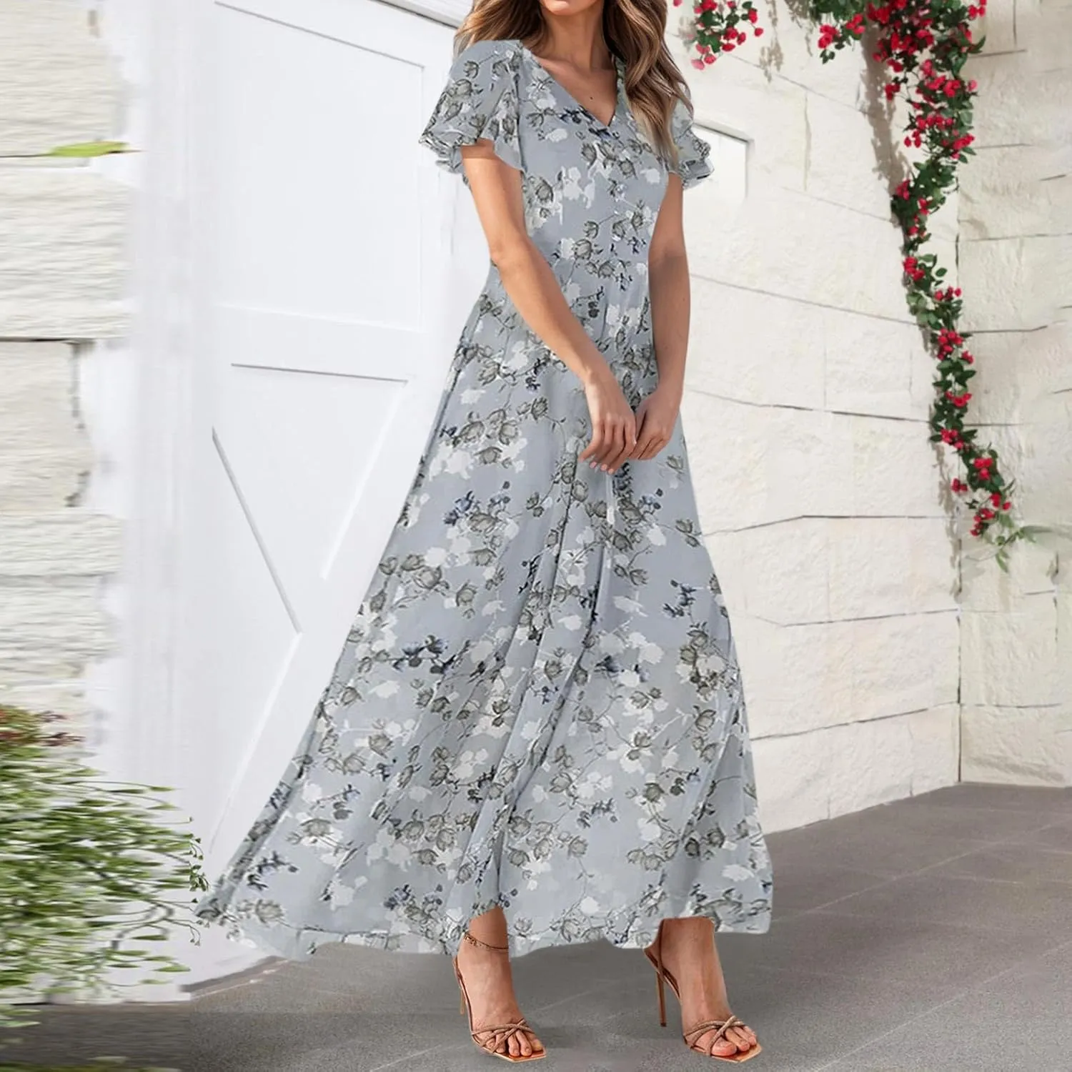 Floral Maxi Dresses for Women 2025 Summer Long Chiffon Elegant Flowy Dresses Spring Casual Wedding Guest Dress