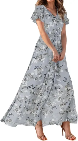 Floral Maxi Dresses for Women 2025 Summer Long Chiffon Elegant Flowy Dresses Spring Casual Wedding Guest Dress