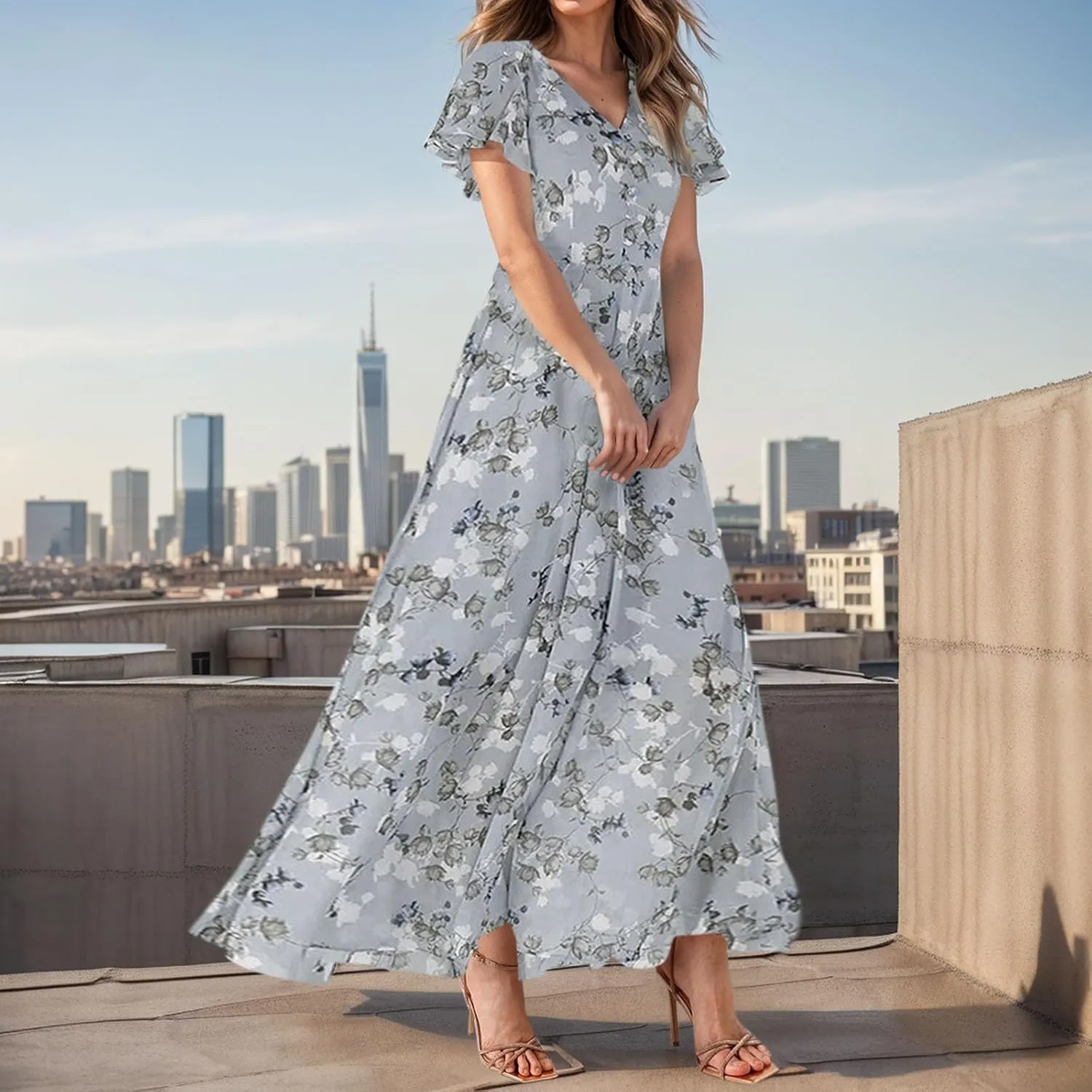 Floral Maxi Dresses for Women 2025 Summer Long Chiffon Elegant Flowy Dresses Spring Casual Wedding Guest Dress