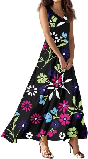 Floral Maxi Sundress with Empire Waist Sleeveless V-Neck Flowy Boho Tank Top Elegant Long Dress for Spring Summer