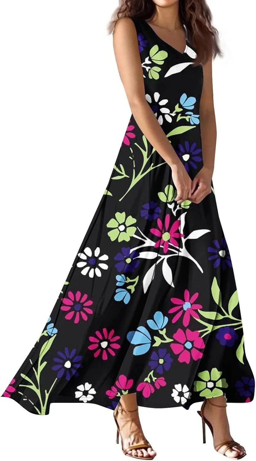 Floral Maxi Sundress with Empire Waist Sleeveless V-Neck Flowy Boho Tank Top Elegant Long Dress for Spring Summer