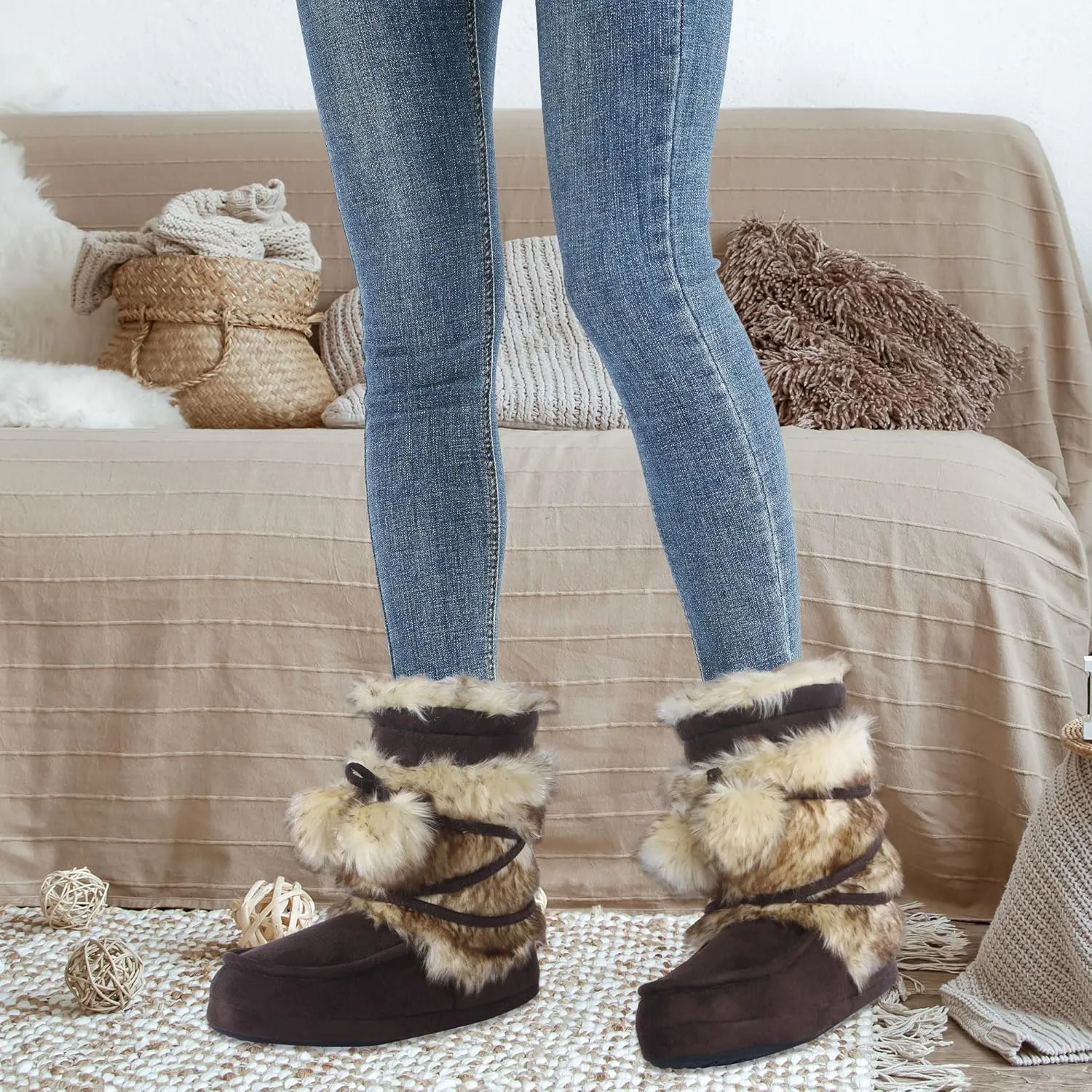 Fluffy Slippers for Women Cute Warm Indoor Bootie Slippers with Pompoms Non-slip House Home Boots