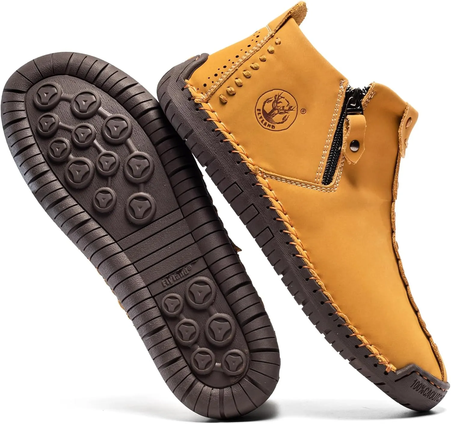 FLYLAND Men's Casual Leather Handmade Fashion Sneakers Ankle Chukka Boots Lightweight Mid-top Dress Shoes Walking Driving Shoe