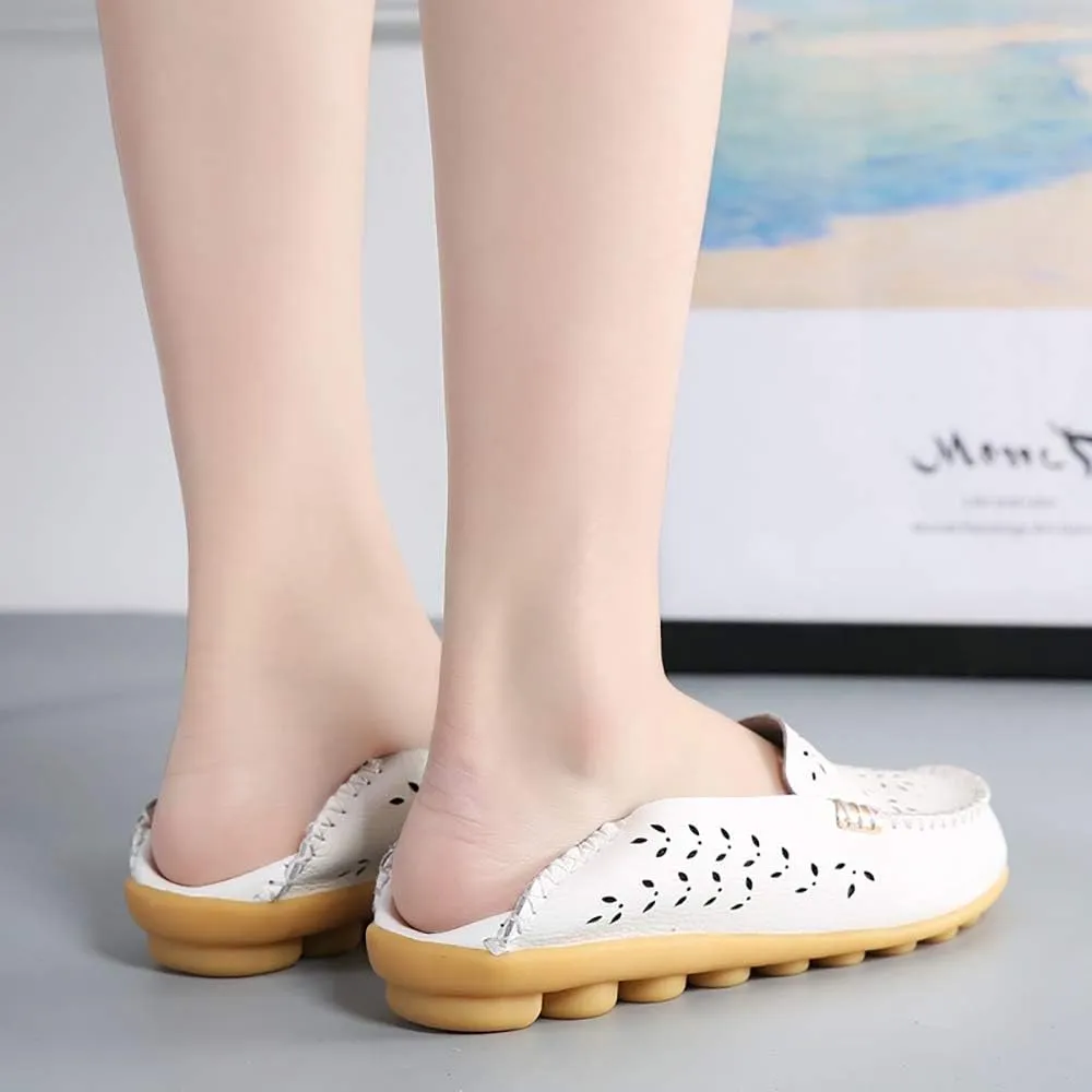 FolHaoth Women's Leather Loafers Slip On Comfortable Walking Flats Casual Round Toe Moccasins Wild Breathable Nurse Driving Fashion Soft Shoes