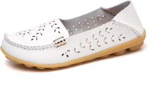FolHaoth Women's Leather Loafers Slip On Comfortable Walking Flats Casual Round Toe Moccasins Wild Breathable Nurse Driving Fashion Soft Shoes