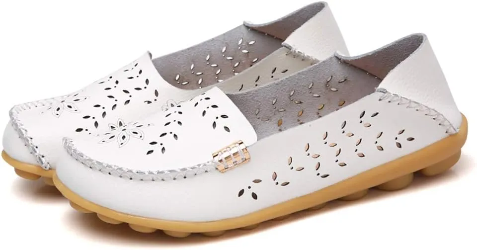 FolHaoth Women's Leather Loafers Slip On Comfortable Walking Flats Casual Round Toe Moccasins Wild Breathable Nurse Driving Fashion Soft Shoes