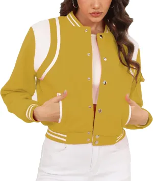 Fooullaide Womens Cropped Varsity Jacket Letterman Bomber Shacket Long Sleeve Button Down Baseball Coat