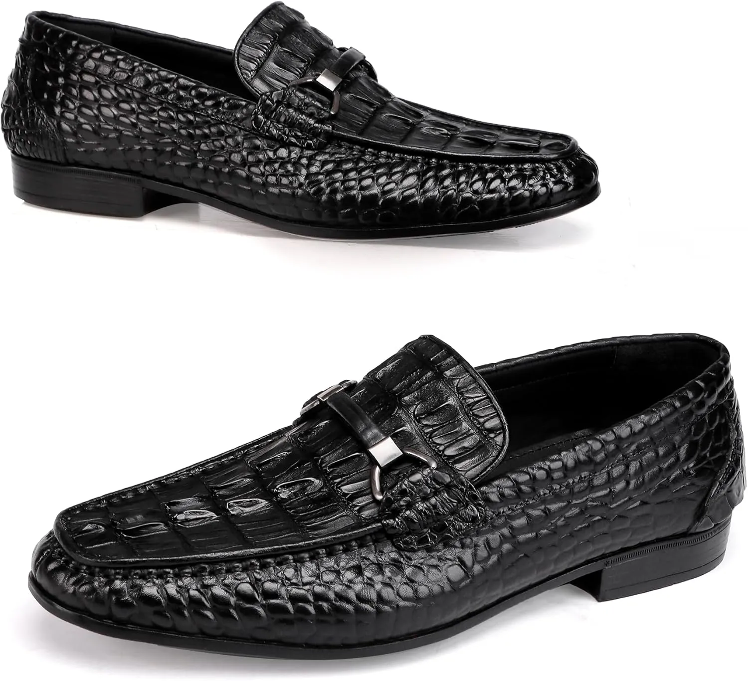 Formal Mens Leather Dress Shoes, Classic Ostrich Pattern Slip On Buckle Loafers Business Shoes Party Wedding Leather Loafers for Mens, Black