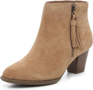FOWT Classic Women Round Toe Mid Chunky Heel Ankle Boots Winter Solid Color Faux Suede Short Booties Tassel Side Zipper Slip on Shoes for Cowgirl Dress Jeans Size 4-15 M US