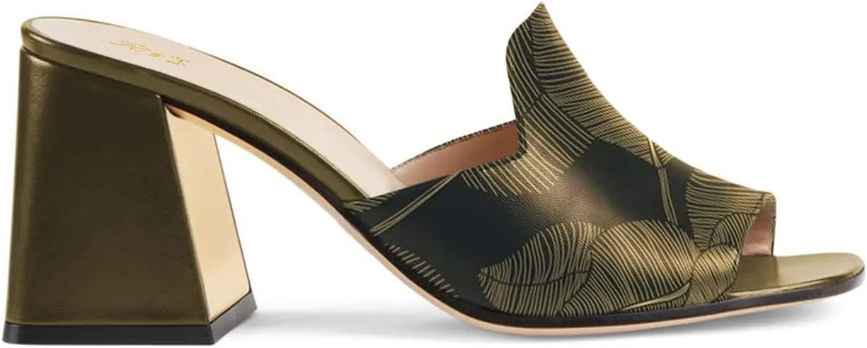 FOWT Woman Summer Classic Square Open Toe Two-Tone Slip on Leather Black Heeled Mules for Women Chic Flared High Heel Slides Slippers Comfort Daily Dress Walking Shoes, US Size 4-16 M
