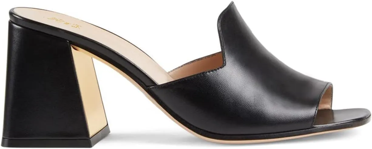 FOWT Woman Summer Classic Square Open Toe Two-Tone Slip on Leather Black Heeled Mules for Women Chic Flared High Heel Slides Slippers Comfort Daily Dress Walking Shoes, US Size 4-16 M