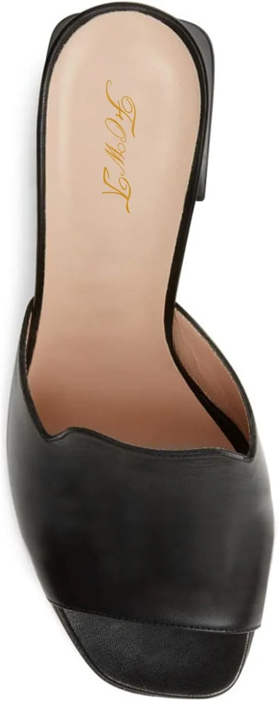 FOWT Woman Summer Classic Square Open Toe Two-Tone Slip on Leather Black Heeled Mules for Women Chic Flared High Heel Slides Slippers Comfort Daily Dress Walking Shoes, US Size 4-16 M