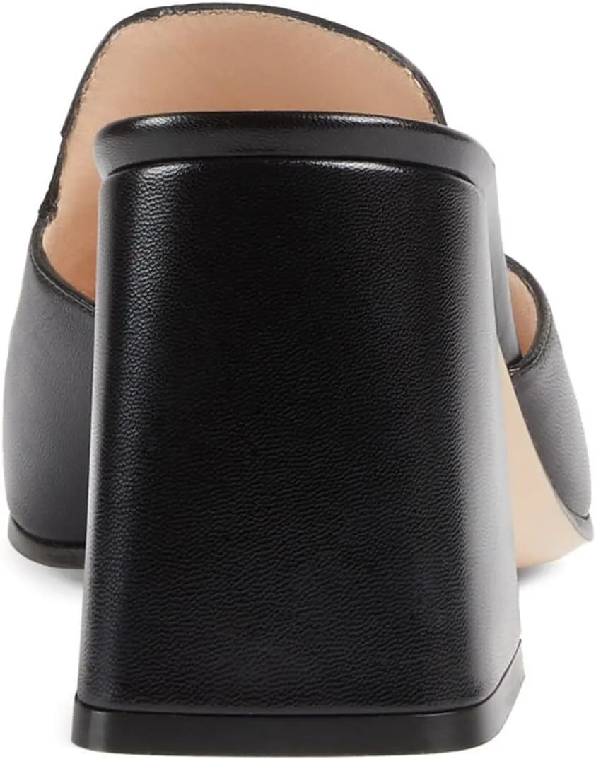 FOWT Woman Summer Classic Square Open Toe Two-Tone Slip on Leather Black Heeled Mules for Women Chic Flared High Heel Slides Slippers Comfort Daily Dress Walking Shoes, US Size 4-16 M