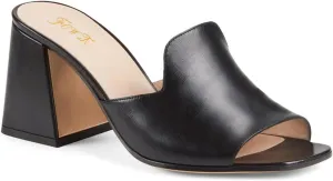 FOWT Woman Summer Classic Square Open Toe Two-Tone Slip on Leather Black Heeled Mules for Women Chic Flared High Heel Slides Slippers Comfort Daily Dress Walking Shoes, US Size 4-16 M