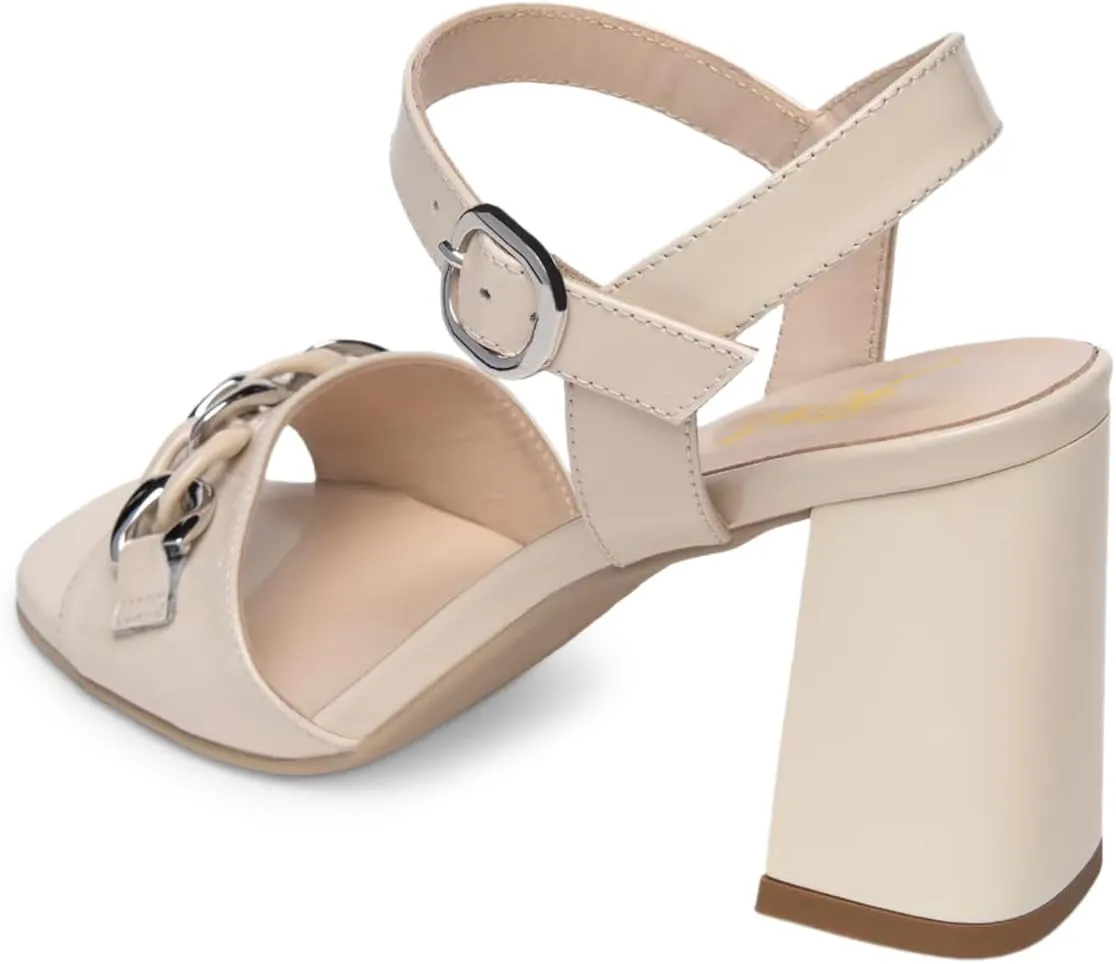 FOWT Women Chain Open Toe Ankle Strap Buckle Glossy Sandals Chunky High Heel Summer Prom Party Shoes Size 4-16 US