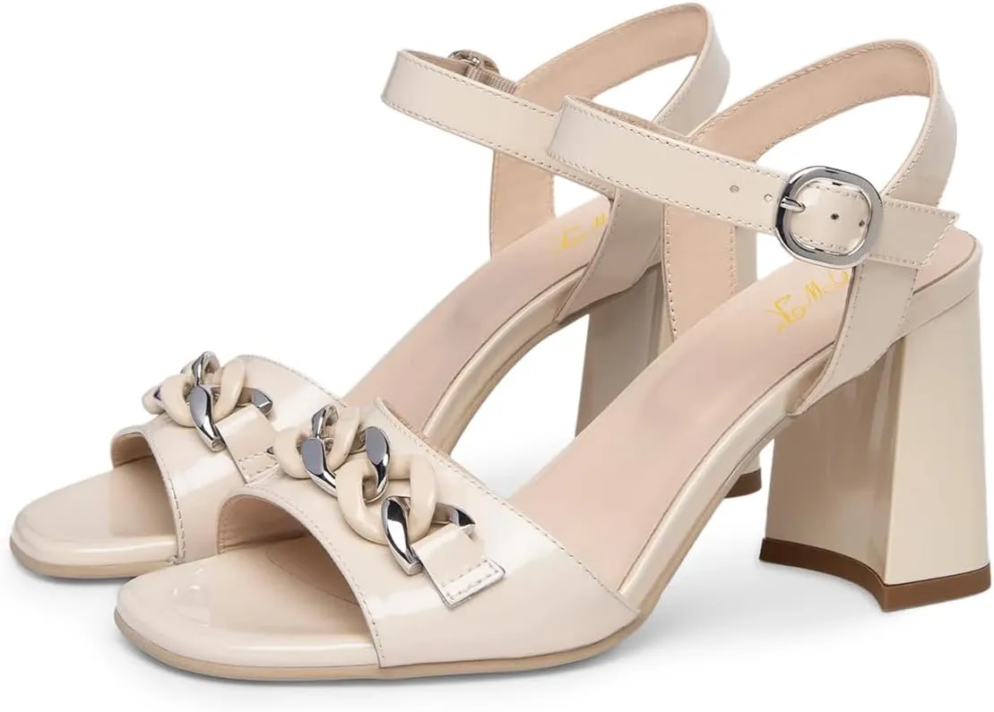 FOWT Women Chain Open Toe Ankle Strap Buckle Glossy Sandals Chunky High Heel Summer Prom Party Shoes Size 4-16 US