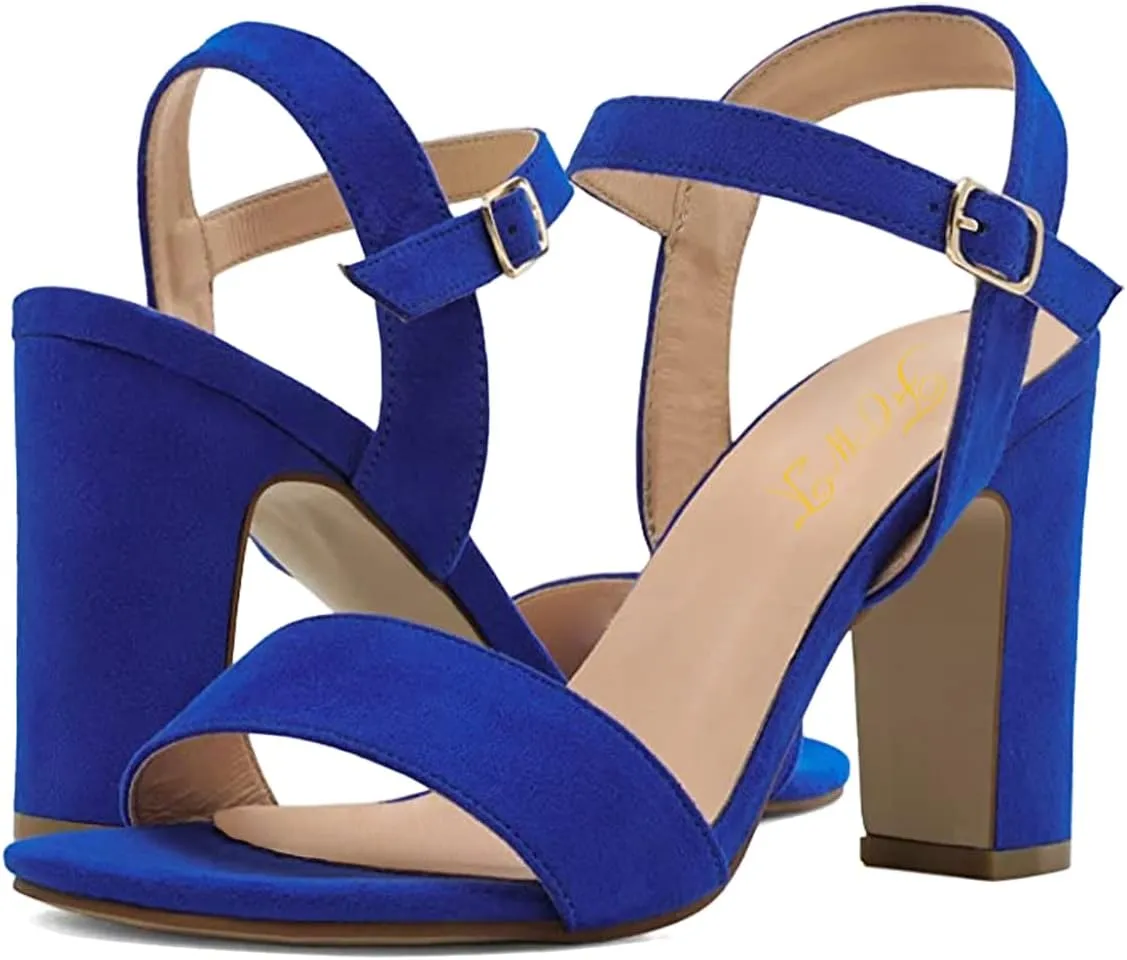 FOWT Women Open Toe Single Band Sandals Ankle Strap High Chunky Heels Dressy Summer Wedding Prom Shoes Size 4-15 US