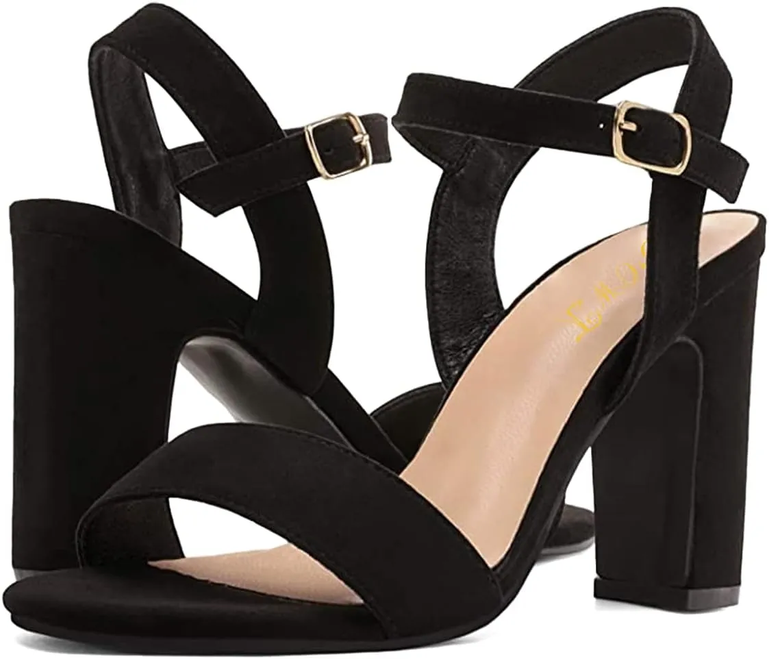 FOWT Women Open Toe Single Band Sandals Ankle Strap High Chunky Heels Dressy Summer Wedding Prom Shoes Size 4-15 US