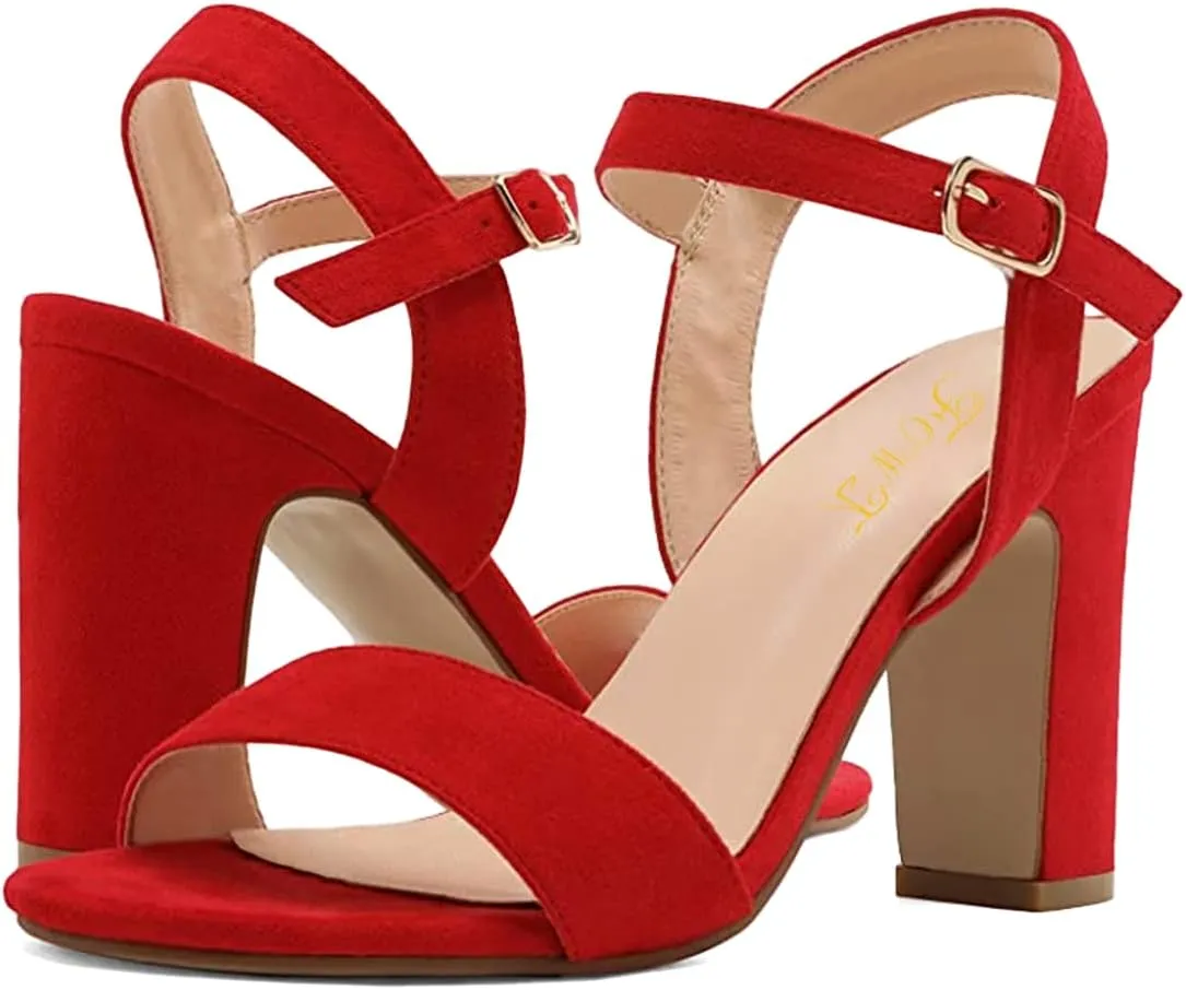 FOWT Women Open Toe Single Band Sandals Ankle Strap High Chunky Heels Dressy Summer Wedding Prom Shoes Size 4-15 US