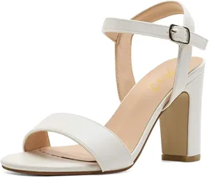 FOWT Women Open Toe Single Band Sandals Ankle Strap High Chunky Heels Dressy Summer Wedding Prom Shoes Size 4-15 US