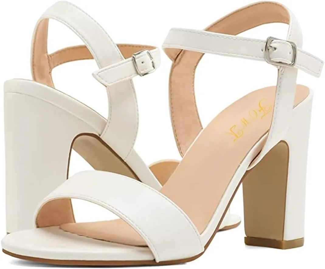 FOWT Women Open Toe Single Band Sandals Ankle Strap High Chunky Heels Dressy Summer Wedding Prom Shoes Size 4-15 US