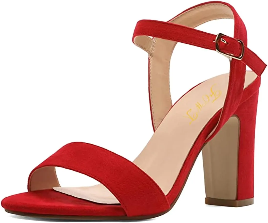 FOWT Women Open Toe Single Band Sandals Ankle Strap High Chunky Heels Dressy Summer Wedding Prom Shoes Size 4-15 US