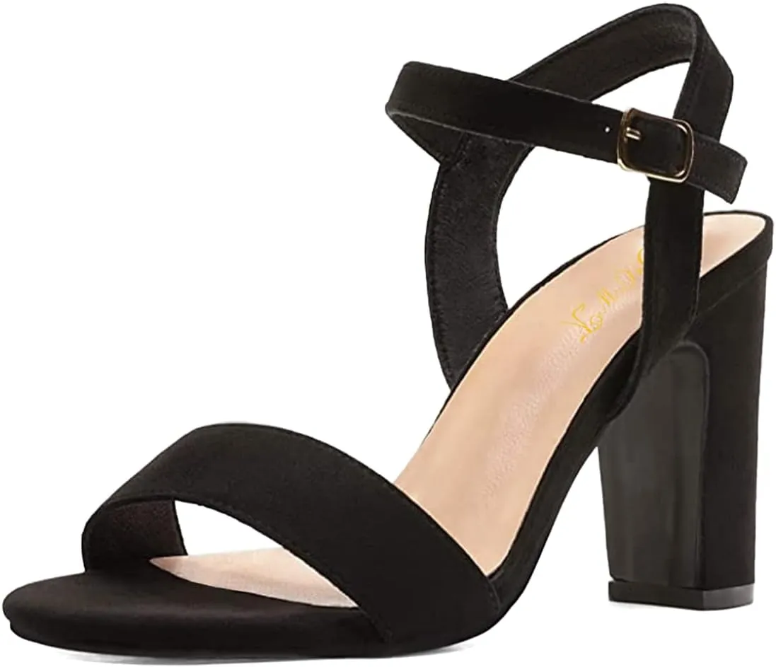 FOWT Women Open Toe Single Band Sandals Ankle Strap High Chunky Heels Dressy Summer Wedding Prom Shoes Size 4-15 US