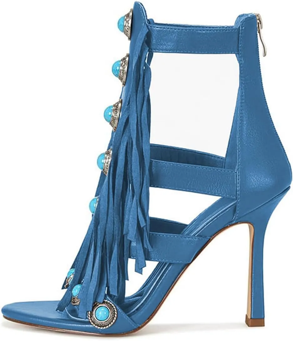 FOWT Women Open Toe Tassel Sandals Studs Stiletto High Heels Back Zipper Fashion Party Club Casual Shoes Size 4-16 US
