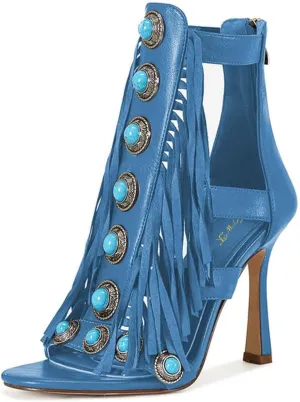 FOWT Women Open Toe Tassel Sandals Studs Stiletto High Heels Back Zipper Fashion Party Club Casual Shoes Size 4-16 US